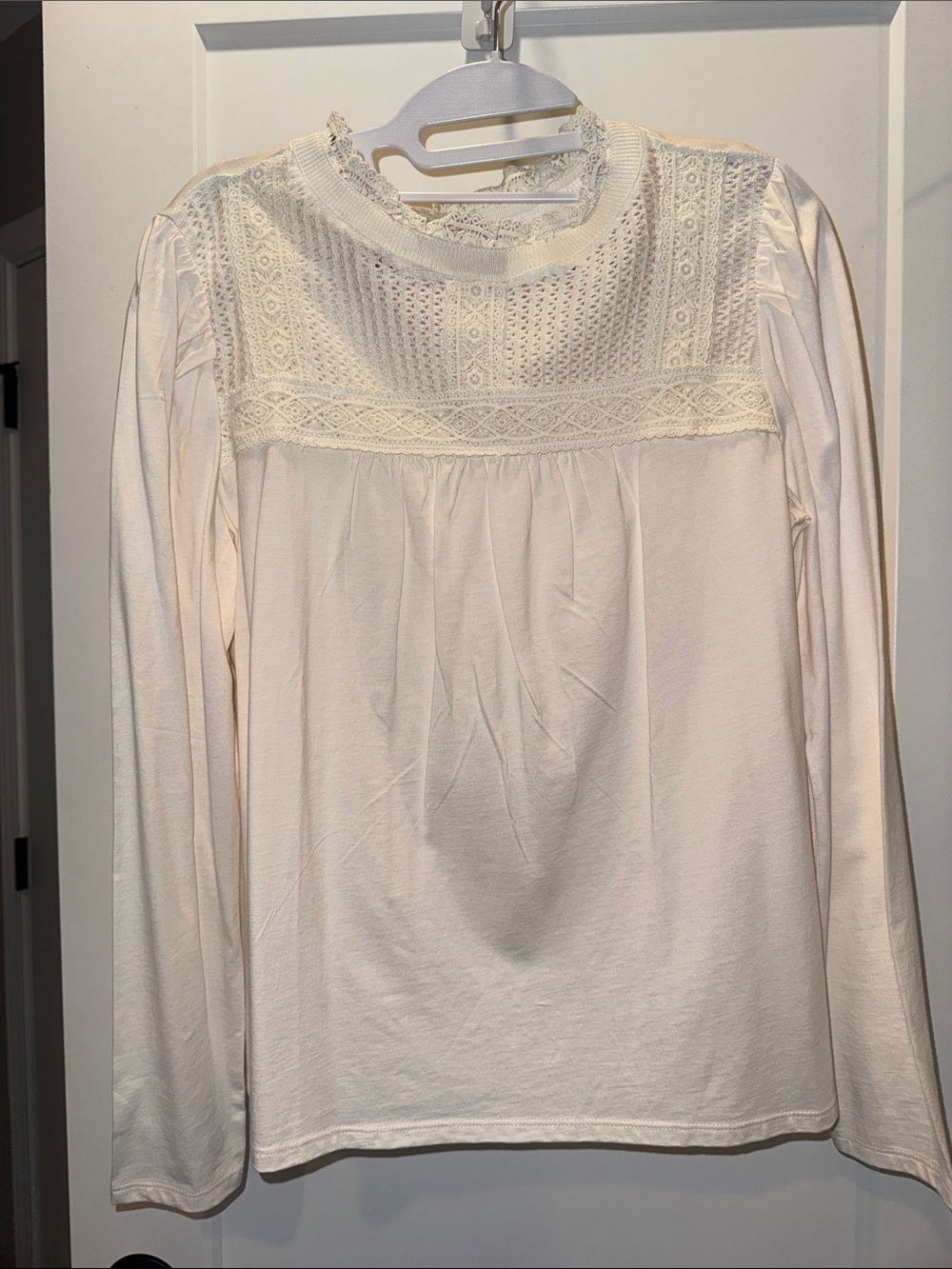 LOFT Cream Lace Yoke Long Sleeve Tee